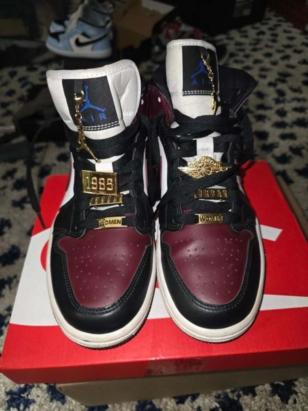 Jordan Womens High-Top Sneakers - Black/Maroon/White with Gold Hardware